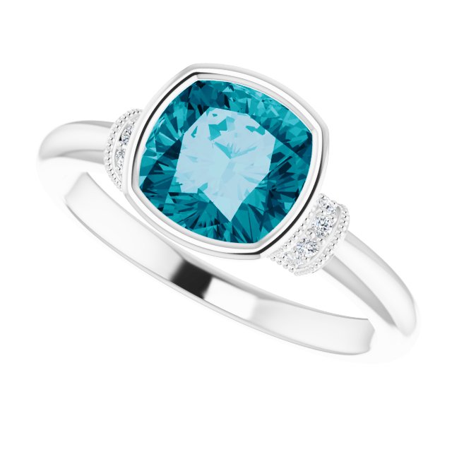 14K Gold Cushion Natural Checkerboard London Blue Topaz & Natural Diamond Bezel-Set Accented Ring - White Gold - view 5