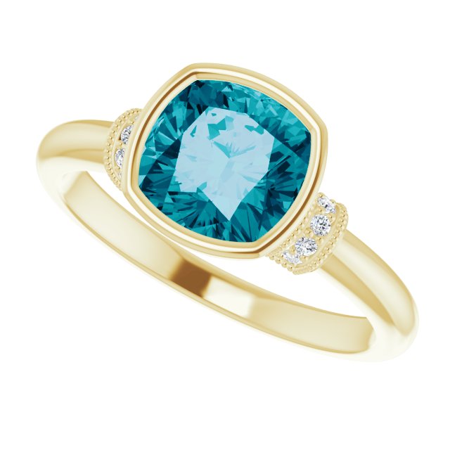 14K Gold Cushion Natural Checkerboard London Blue Topaz & Natural Diamond Bezel-Set Accented Ring - Yellow Gold - view 5