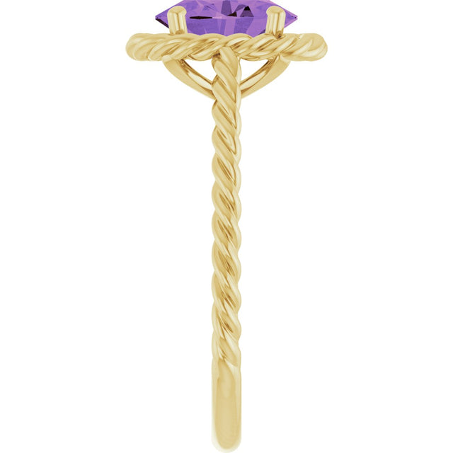 14K Gold Oval Natural Amethyst Solitaire Rope Ring - Yellow Gold - view 4
