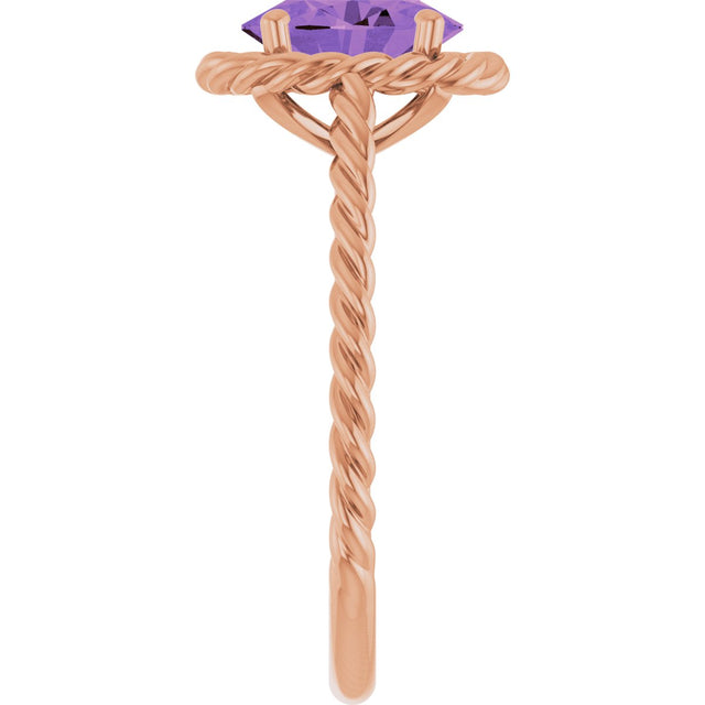 14K Gold Oval Natural Amethyst Solitaire Rope Ring - Rose Gold - view 4