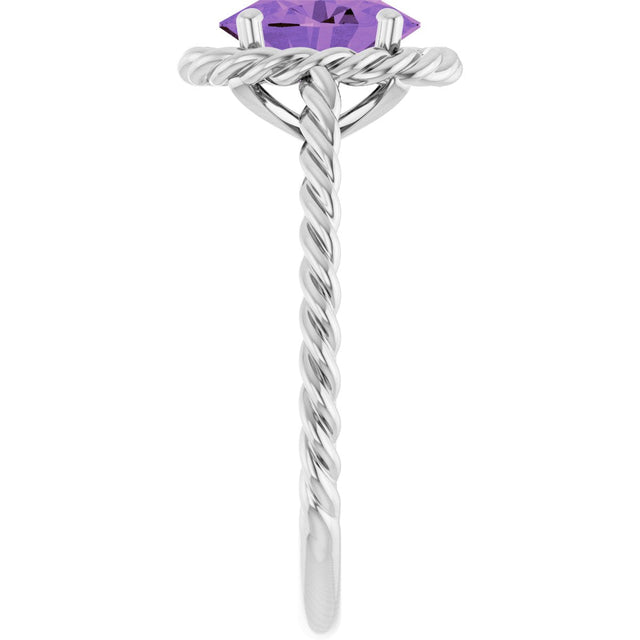 14K Gold Oval Natural Amethyst Solitaire Rope Ring - White Gold - view 4