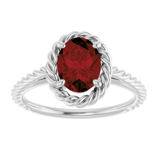 Platinum Oval Natural Mozambique Garnet Solitaire Rope Ring - view 3