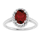 14K Gold Oval Natural Mozambique Garnet Solitaire Rope Ring - White Gold - view 3