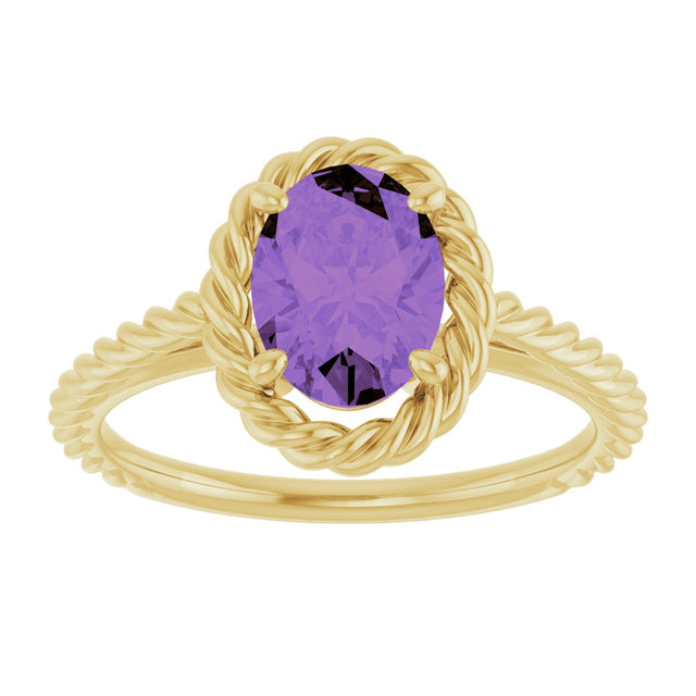 14K Gold Oval Natural Amethyst Solitaire Rope Ring - Yellow Gold - view 3