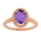 14K Gold Oval Natural Amethyst Solitaire Rope Ring - Rose Gold - view 3