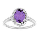 14K Gold Oval Natural Amethyst Solitaire Rope Ring - White Gold - view 3