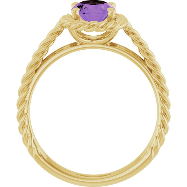 14K Gold Oval Natural Amethyst Solitaire Rope Ring - Yellow Gold - view 2