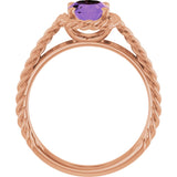 14K Gold Oval Natural Amethyst Solitaire Rope Ring - Rose Gold - view 2
