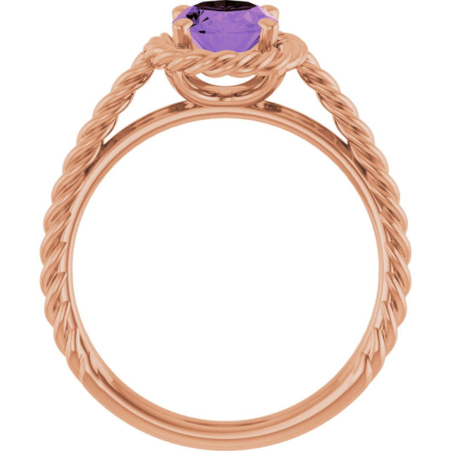 14K Gold Oval Natural Amethyst Solitaire Rope Ring - Rose Gold - view 2