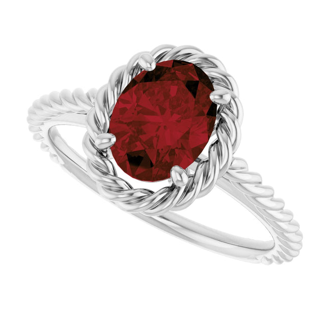 14K Gold Oval Natural Mozambique Garnet Solitaire Rope Ring - White Gold - view 5