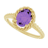 14K Gold Oval Natural Amethyst Solitaire Rope Ring - Yellow Gold - view 5