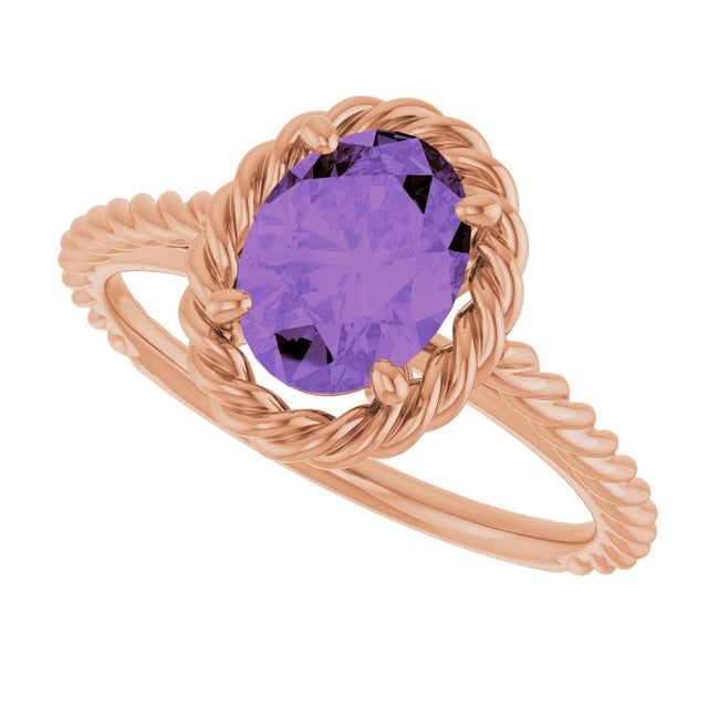 14K Gold Oval Natural Amethyst Solitaire Rope Ring - Rose Gold - view 5