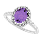 14K Gold Oval Natural Amethyst Solitaire Rope Ring - White Gold - view 5