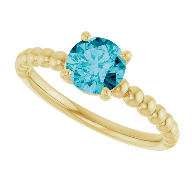 14K Gold Round Natural London Blue Topaz Beaded Solitaire Ring - Yellow Gold - view 5