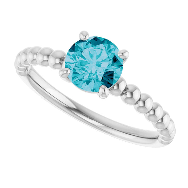 Platinum Round Natural London Blue Topaz Beaded Solitaire Ring - view 5