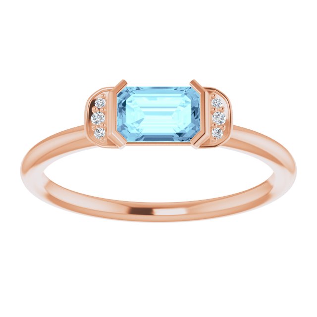 14K Gold Emerald Natural Aquamarine & Natural Diamond Stackable Ring - Rose Gold - view 3