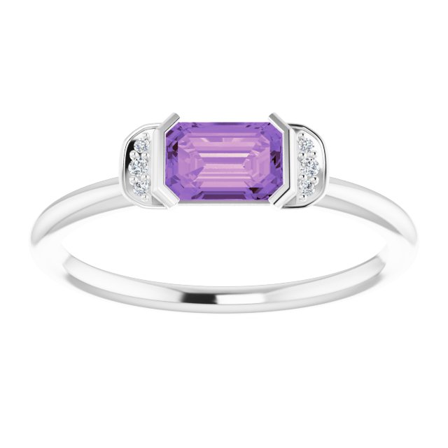 14K Gold Emerald Natural Amethyst & Natural Diamond Stackable Ring - White Gold - view 3