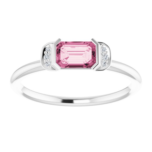 Platinum Emerald Natural Pink Tourmaline & Natural Diamond Stackable Ring - view 3