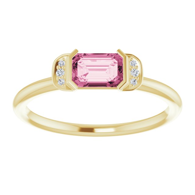 14K Gold Emerald Natural Pink Tourmaline & Natural Diamond Stackable Ring - Yellow Gold - view 3