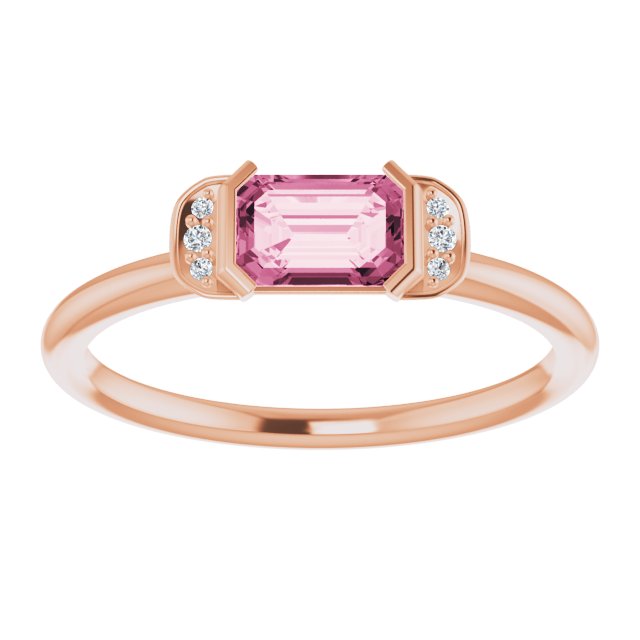 14K Gold Emerald Natural Pink Tourmaline & Natural Diamond Stackable Ring - Rose Gold - view 3
