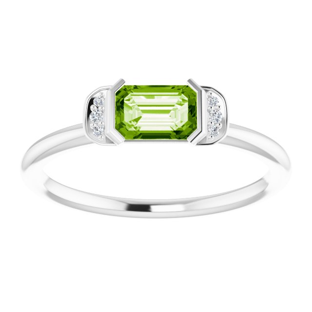 14K Gold Emerald Natural Peridot & Natural Diamond Stackable Ring - White Gold - view 3