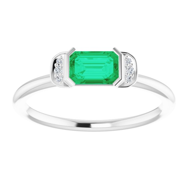 14K Gold Emerald Natural Emerald & Natural Diamond Stackable Ring - White Gold - view 3