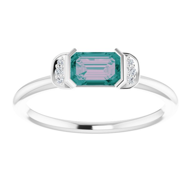 14K Gold Emerald Lab-Grown Alexandrite & Natural Diamond Stackable Ring - White Gold - view 3