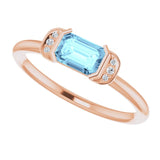 14K Gold Emerald Natural Aquamarine & Natural Diamond Stackable Ring - Rose Gold - view 5