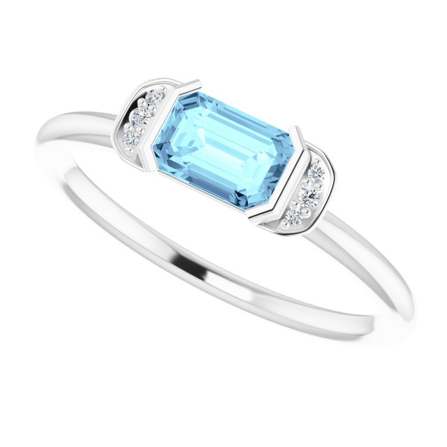 14K Gold Emerald Natural Aquamarine & Natural Diamond Stackable Ring - White Gold - view 5