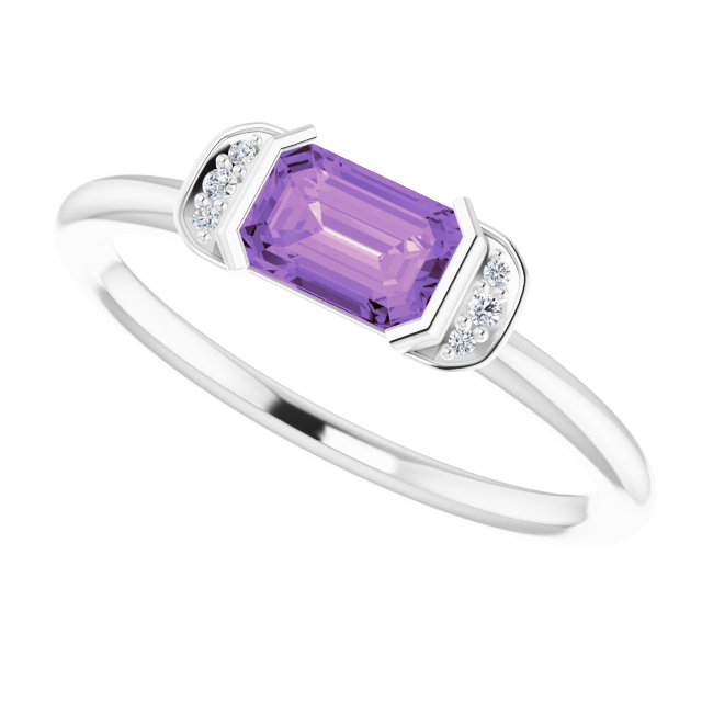 Platinum Emerald Natural Amethyst & Natural Diamond Stackable Ring - view 5