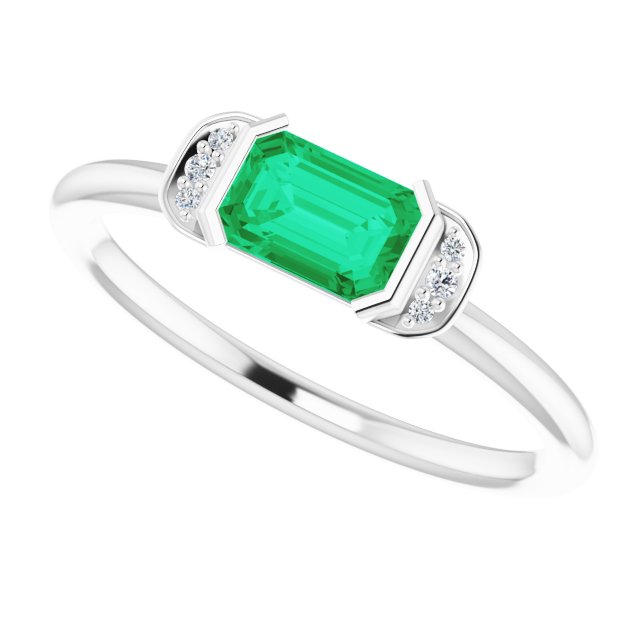 14K Gold Emerald Lab-Grown Emerald & Natural Diamond Stackable Ring - White Gold - view 5