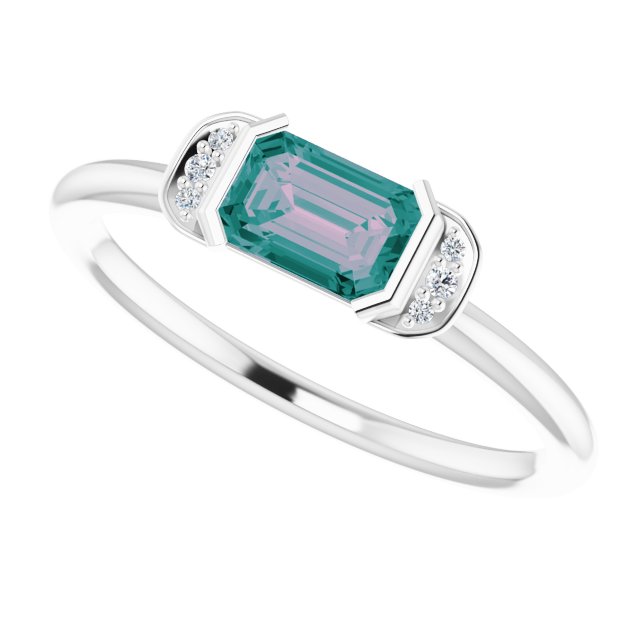 14K Gold Emerald Lab-Grown Alexandrite & Natural Diamond Stackable Ring - White Gold - view 5