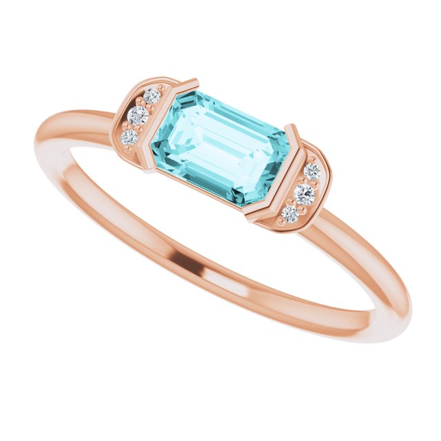 14K Gold Emerald Natural Blue Zircon & Natural Diamond Stackable Ring - Rose Gold - view 5