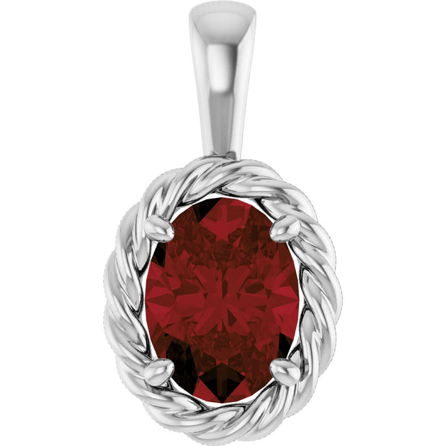 Platinum Oval Natural Mozambique Garnet Rope Solitaire Pendant