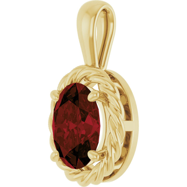 14K Gold Oval Natural Mozambique Garnet Rope Solitaire Pendant - Yellow Gold - view 2
