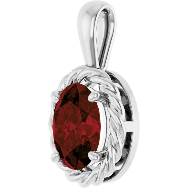 14K Gold Oval Natural Mozambique Garnet Rope Solitaire Pendant - White Gold - view 2