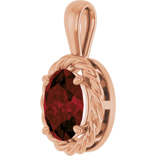 14K Gold Oval Natural Mozambique Garnet Rope Solitaire Pendant - Rose Gold - view 2