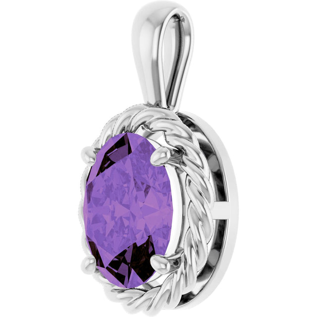 14K Gold Oval Natural Amethyst Rope Solitaire Pendant - view 2