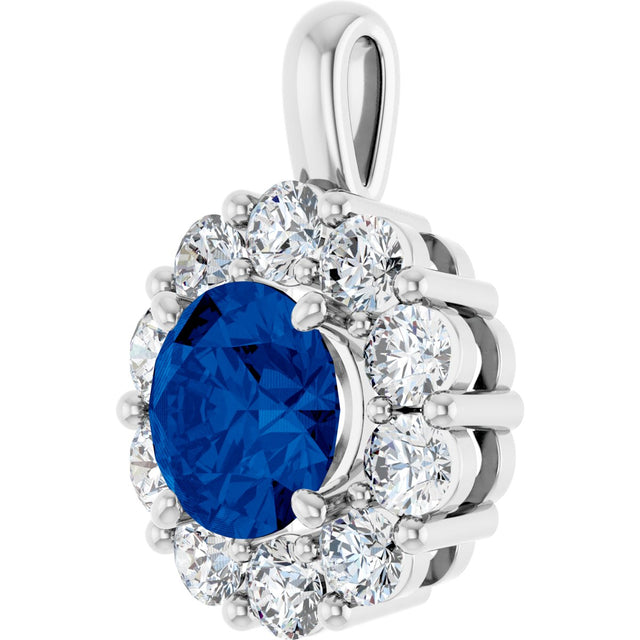 14K Gold Round Lab-Grown Blue Sapphire Halo-Style Pendant - White Gold - view 8
