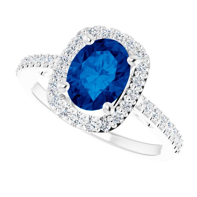 14K Gold Oval Lab-Grown Blue Sapphire & Natural Diamond Halo-Style Ring – 8mm Stones - White Gold - view 5