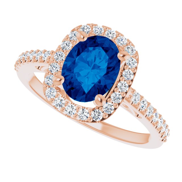 14K Gold Oval Lab-Grown Blue Sapphire & Natural Diamond Halo-Style Ring – 8mm Stones - Rose Gold - view 5