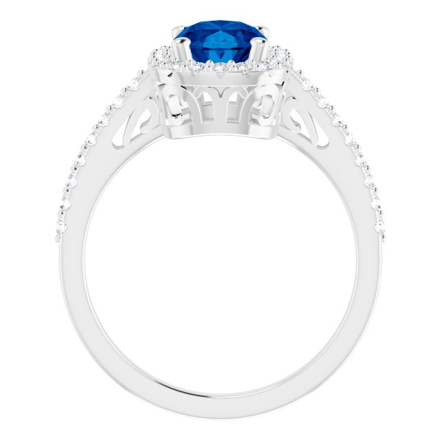 14K Gold Oval Lab-Grown Blue Sapphire & Natural Diamond Halo-Style Ring – 8mm Stones - White Gold - view 2