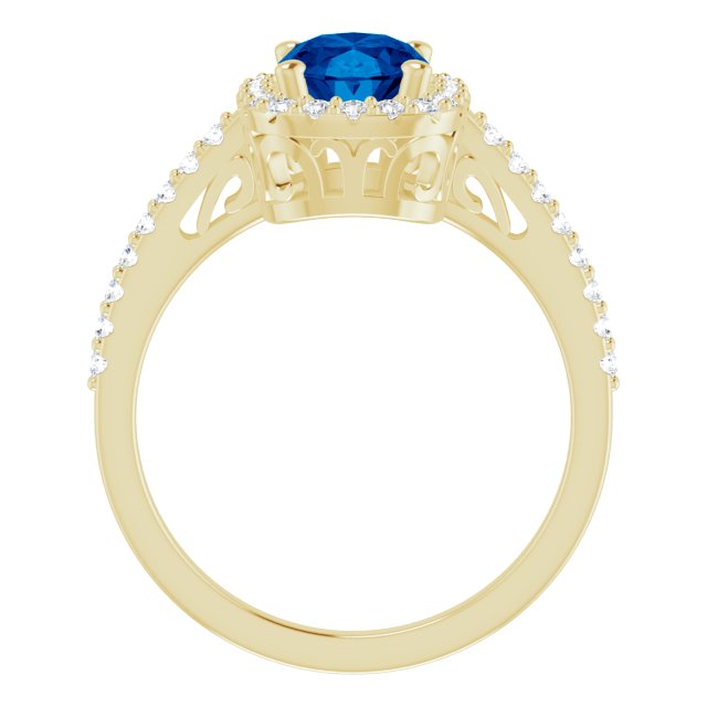 14K Gold Oval Lab-Grown Blue Sapphire & Natural Diamond Halo-Style Ring – 8mm Stones - Yellow Gold - view 2