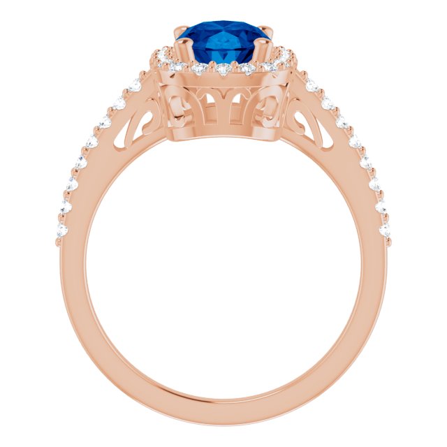 14K Gold Oval Lab-Grown Blue Sapphire & Natural Diamond Halo-Style Ring – 8mm Stones - Rose Gold - view 2