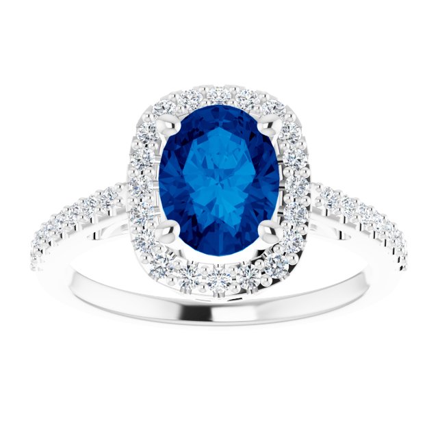 14K Gold Oval Lab-Grown Blue Sapphire & Natural Diamond Halo-Style Ring – 8mm Stones - White Gold - view 3