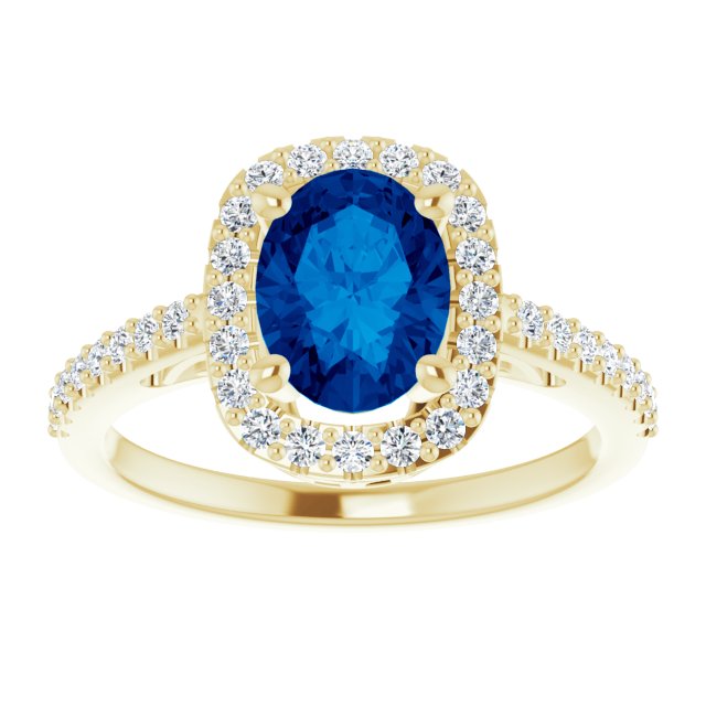 14K Gold Oval Lab-Grown Blue Sapphire & Natural Diamond Halo-Style Ring – 8mm Stones - Yellow Gold - view 3