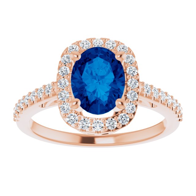 14K Gold Oval Lab-Grown Blue Sapphire & Natural Diamond Halo-Style Ring – 8mm Stones - Rose Gold - view 3