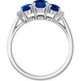 14K Gold Oval Lab-Grown Blue Sapphire & Natural Diamond Three-Stone Ring - White Gold - view 2