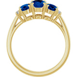 14K Gold Oval Lab-Grown Blue Sapphire & Natural Diamond Three-Stone Ring - Yellow Gold - view 2