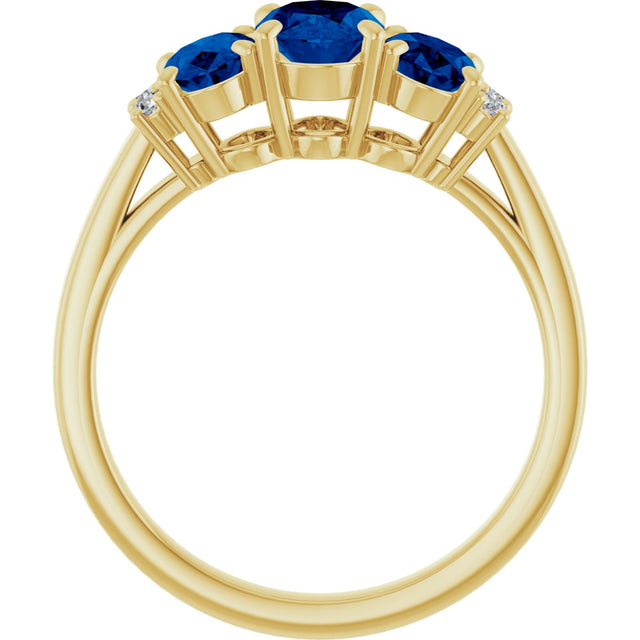 14K Gold Oval Lab-Grown Blue Sapphire & Natural Diamond Three-Stone Ring - Yellow Gold - view 2
